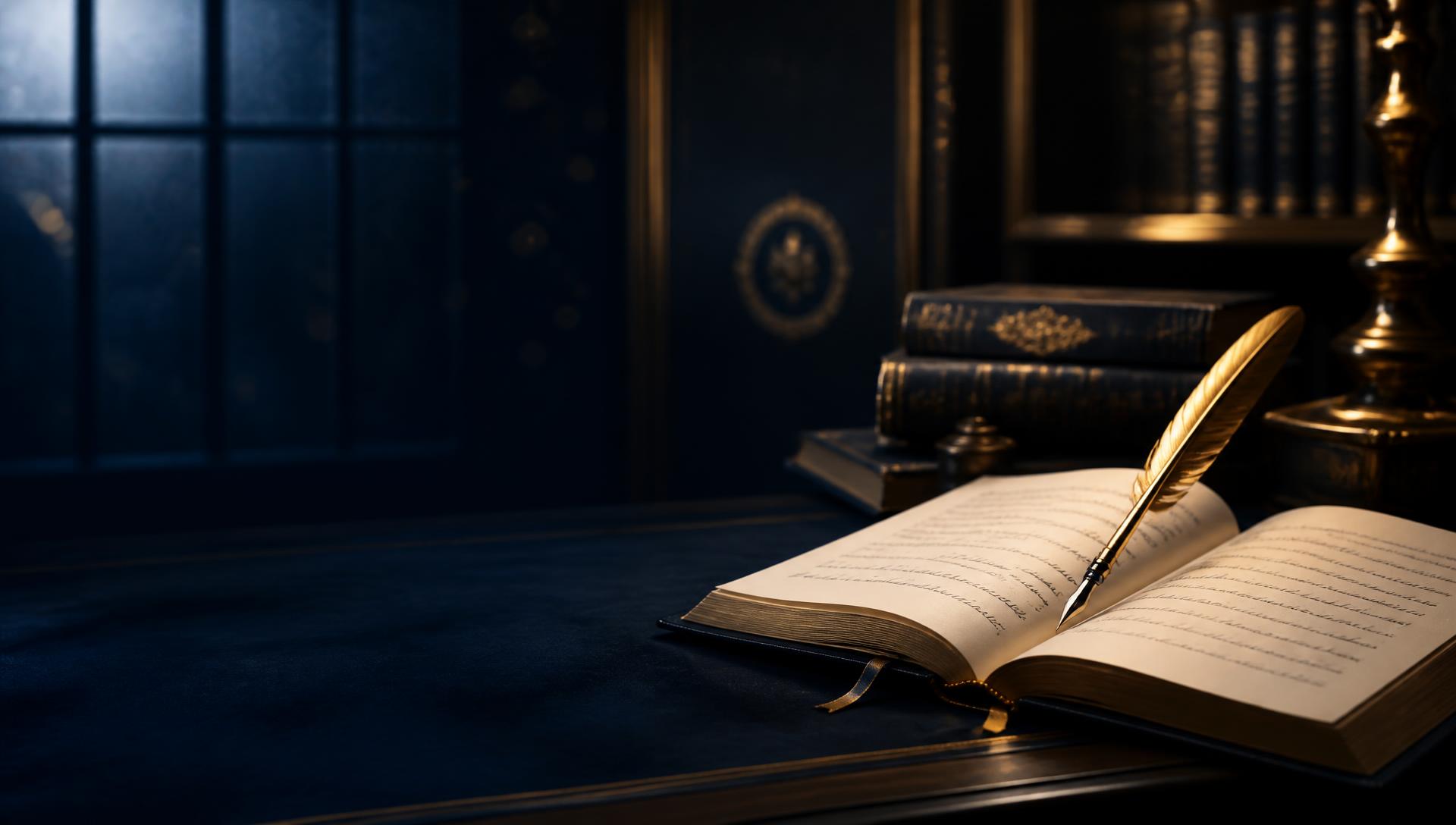 A scholar's desk in deep navy light — open manuscript, gold quill and leather-bound books